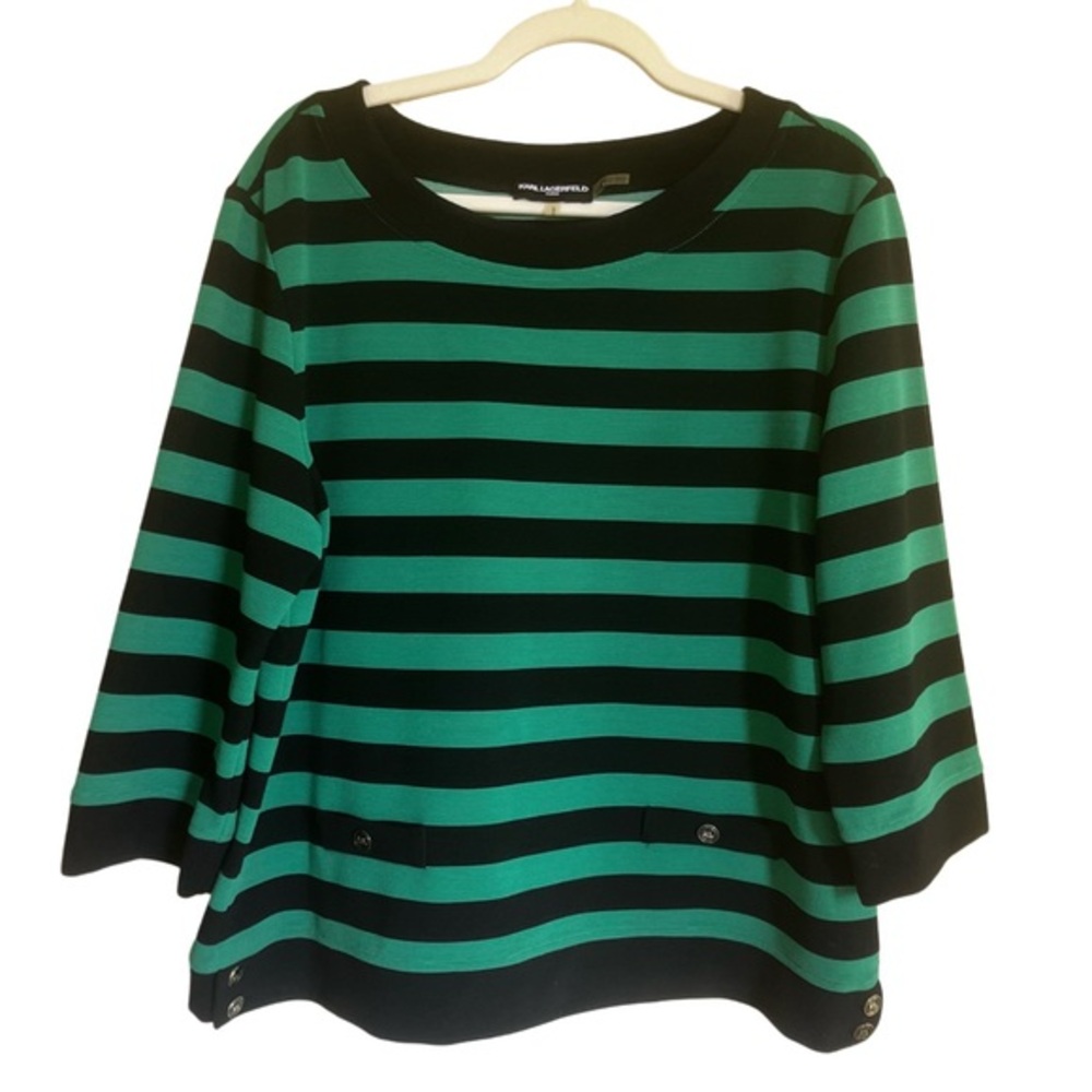 Karl Lagerfield Kelly Green And Black Striped Long Sleeve Top, Size Large.